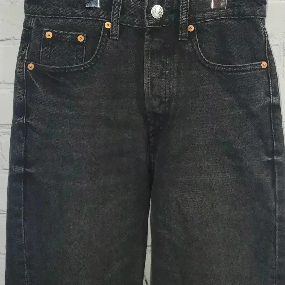 Zara Women's Relaxed Baggy Fit Button Up Black Non Distressed  Unhem Jeans Sz 2 - Picture 2 of 12
